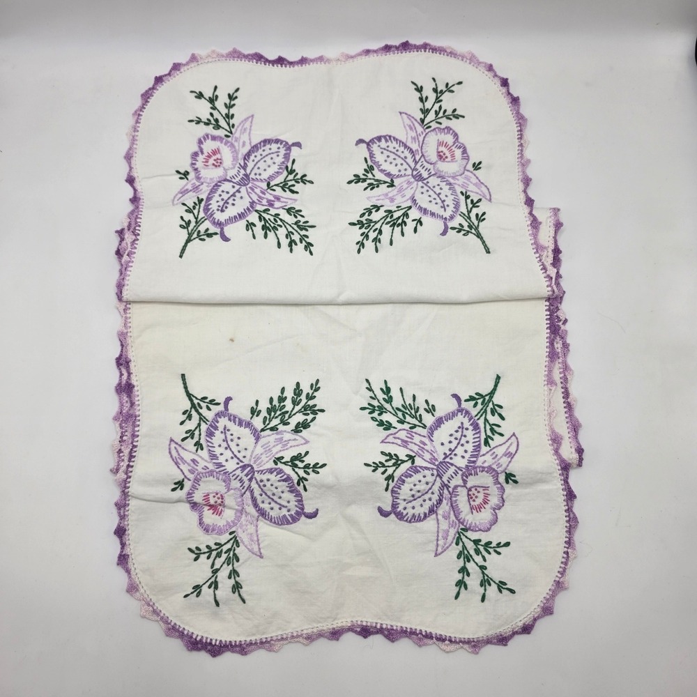 Vintage Hand Embroidered Dresser Scarf Purple Orchid Crochet Edge Table Runner